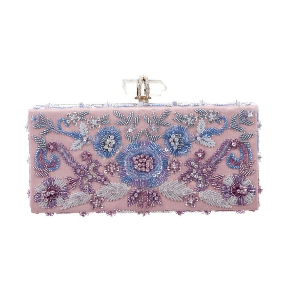 Marchesa flower floral beaded clutch crystal lock evening bag
